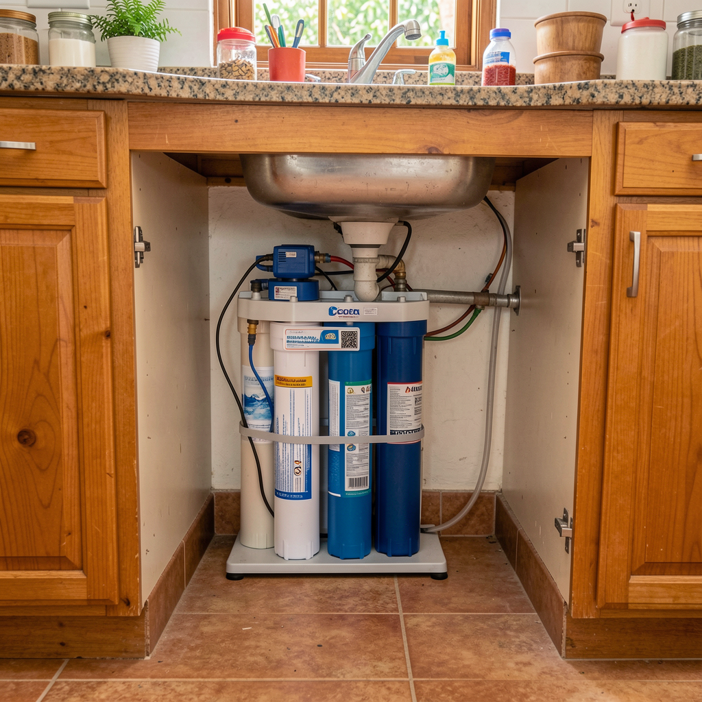Espacio necesario bajo el fregadero para un sistema de ósmosis inversa estándar en cocinas costarricenses