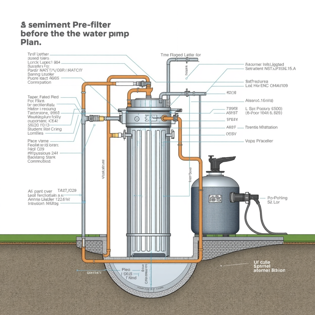 Esquema de instalación de un pre-filtro de sedimentos antes de la bomba de agua en Costa Rica